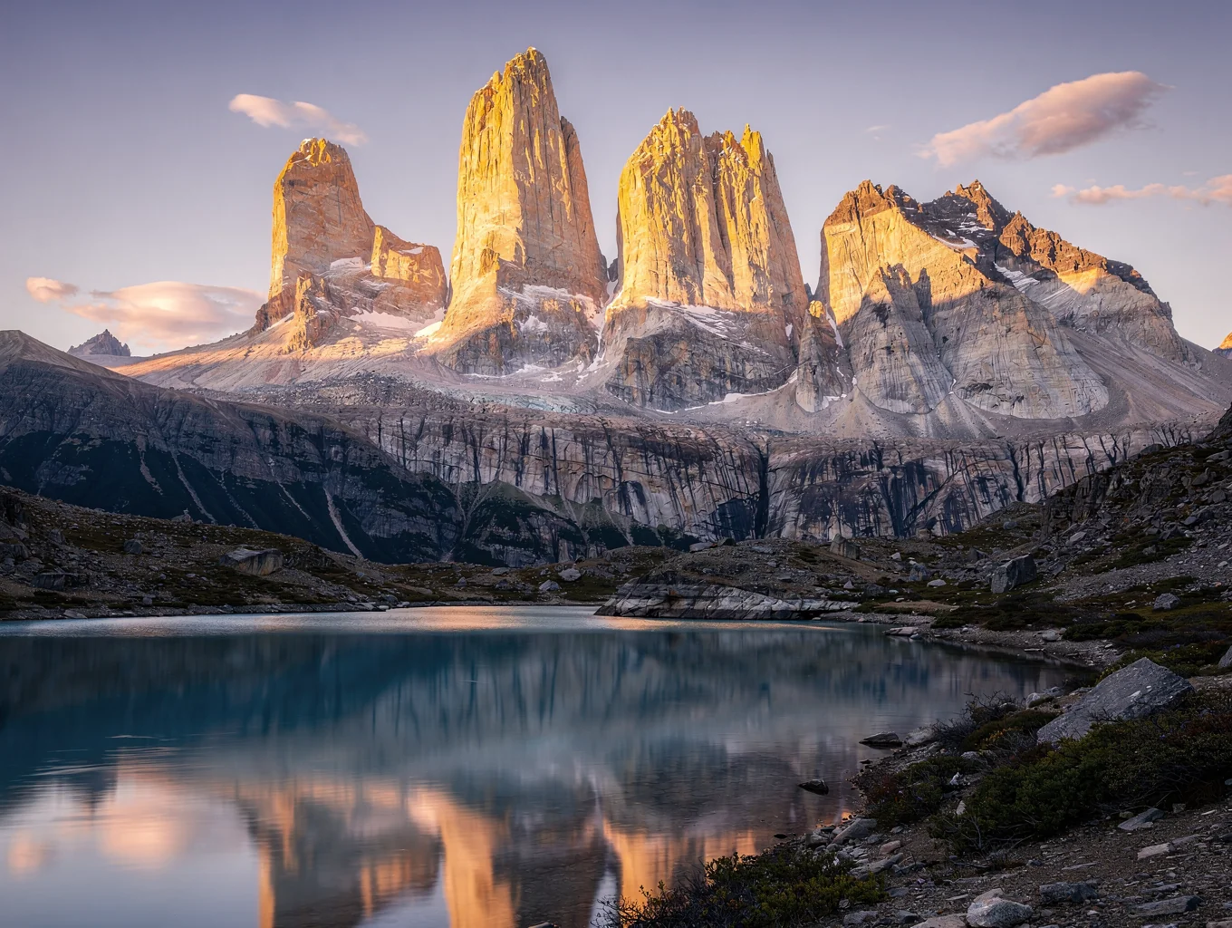 Three granite towers at sunrise over glacial lake